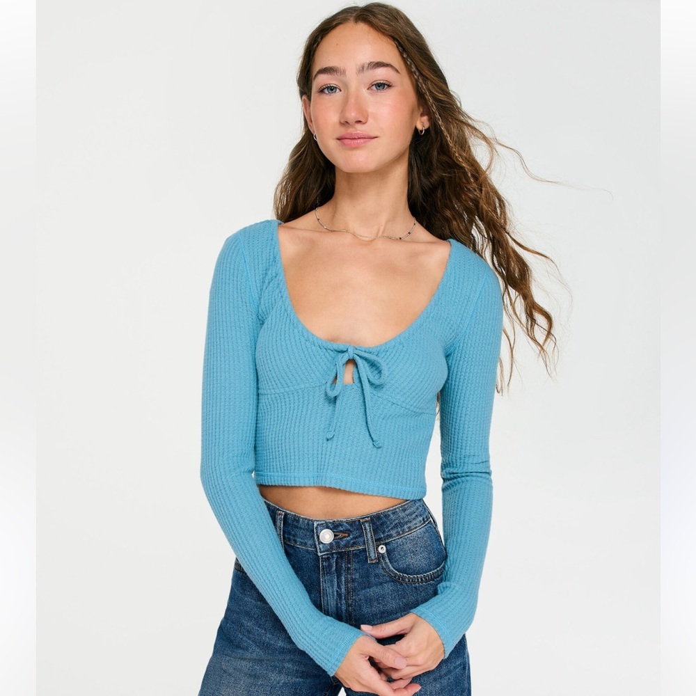 Aeropostale Tie Front Crop Top Womens XL Blue Long Sleeve Shrunken Tee Y2K
